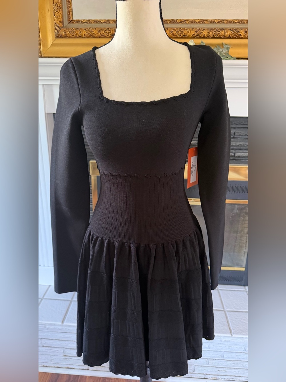 RHODE Black Square-Neck Long-Sleeve Fit-and-Flare Dress